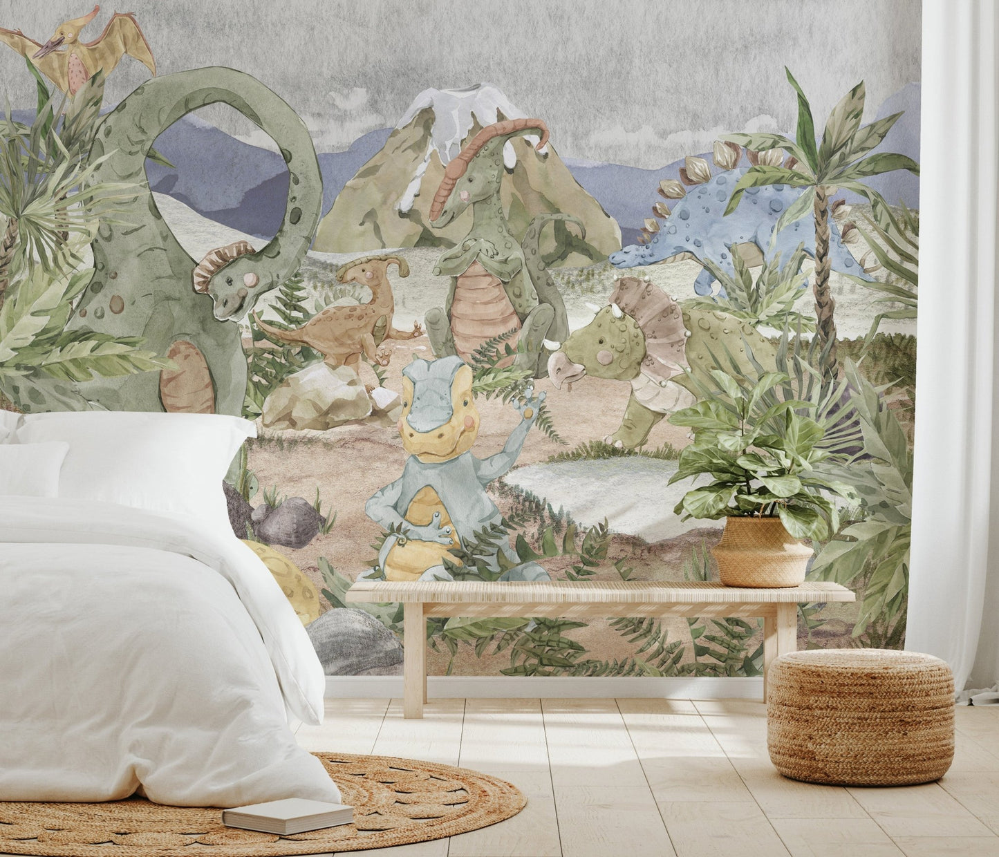 Whimsical watercolor mural of playful dinosaurs in a bright bedroom.