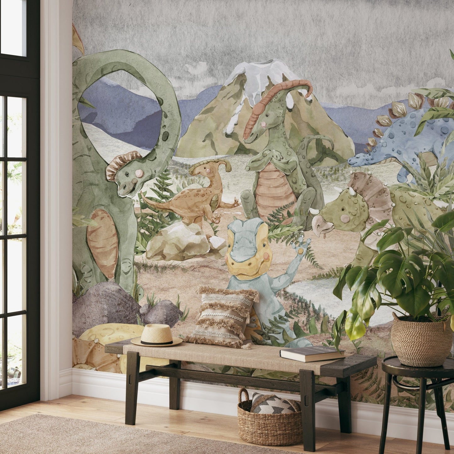 Peaceful prehistoric wall mural featuring cute dinosaurs in living area.