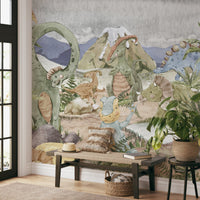 Peaceful prehistoric wall mural featuring cute dinosaurs in living area.
