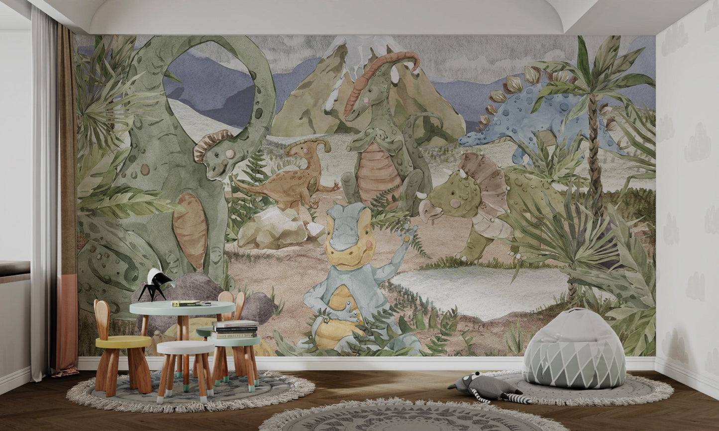 Grey and brown prehistoric wall mural featuring a volcano and triceratops.