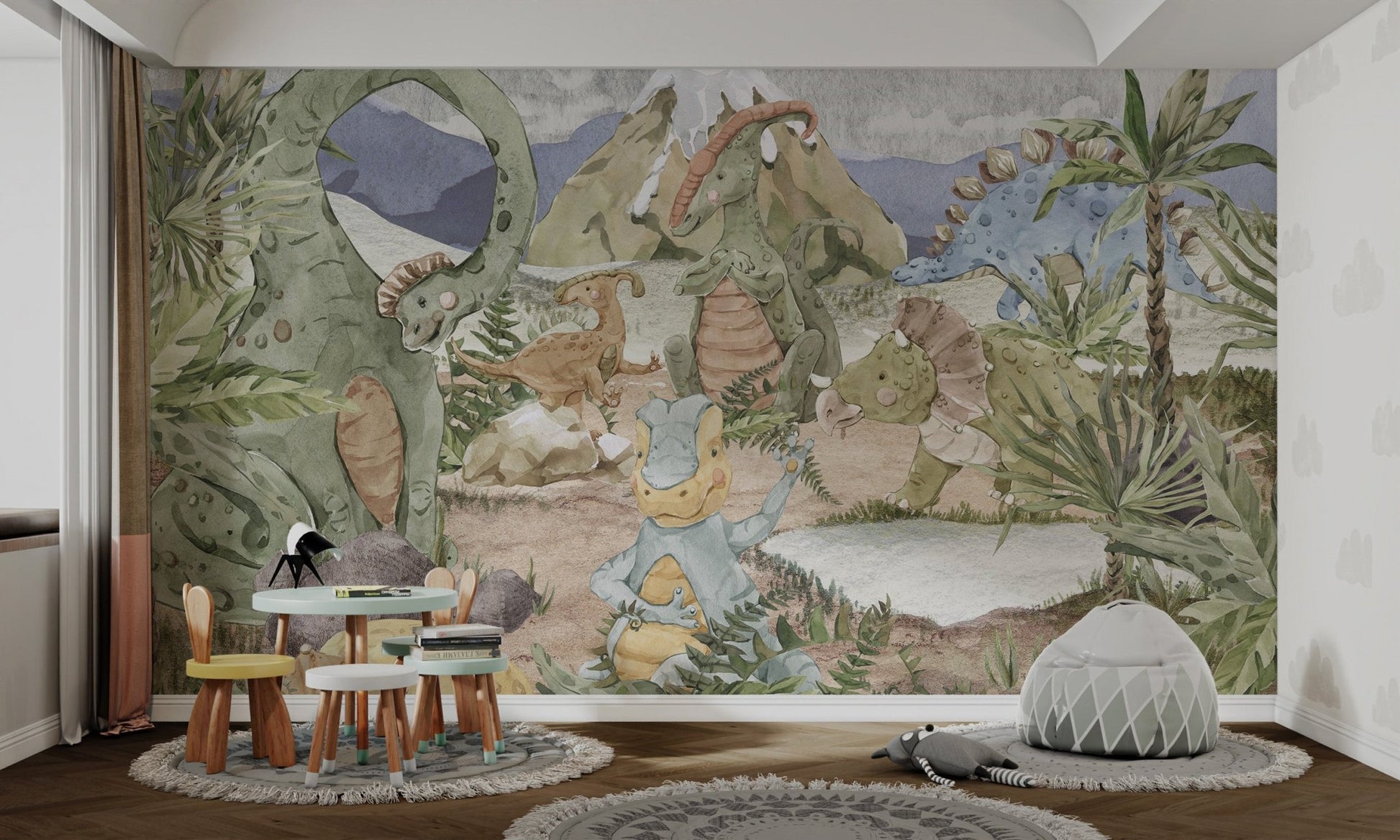 Grey and brown prehistoric wall mural featuring a volcano and triceratops.