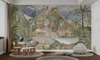Grey and brown prehistoric wall mural featuring a volcano and triceratops.