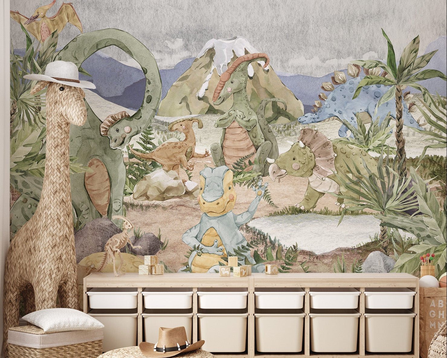 Watercolor Dinosaur Adventure Kids Wall mural for bright nursery.