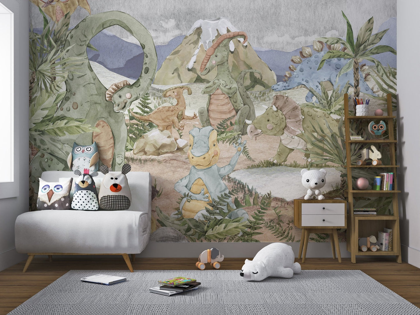 Watercolor mural with gentle dinosaurs and lush tropical plants in kids room.