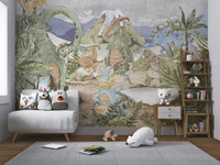 Watercolor mural with gentle dinosaurs and lush tropical plants in kids room.