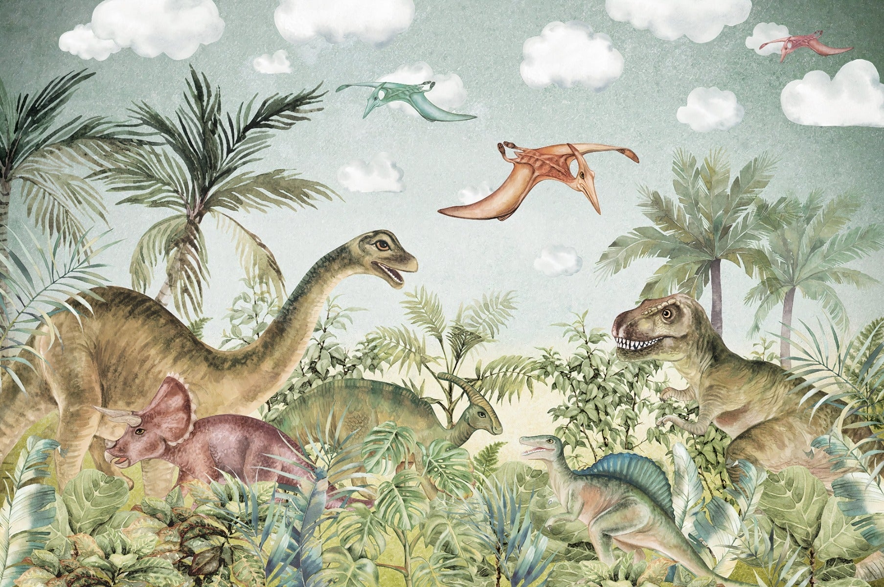 Watercolor Dinosaur in forest Wall mural with Brachiosaurus and T-Rex.