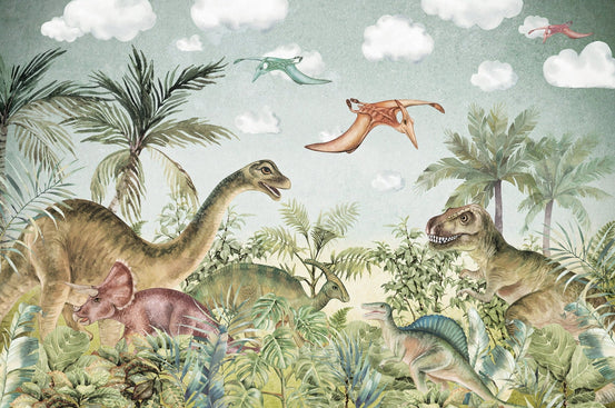 Watercolor Dinosaur in forest Wall mural with Brachiosaurus and T-Rex.