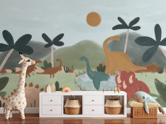 Watercolor dinosaur wall mural with a friendly red triceratops.