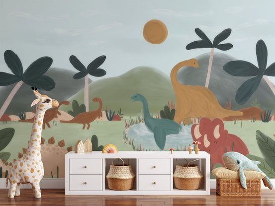 Watercolor dinosaur wall mural with a friendly red triceratops.