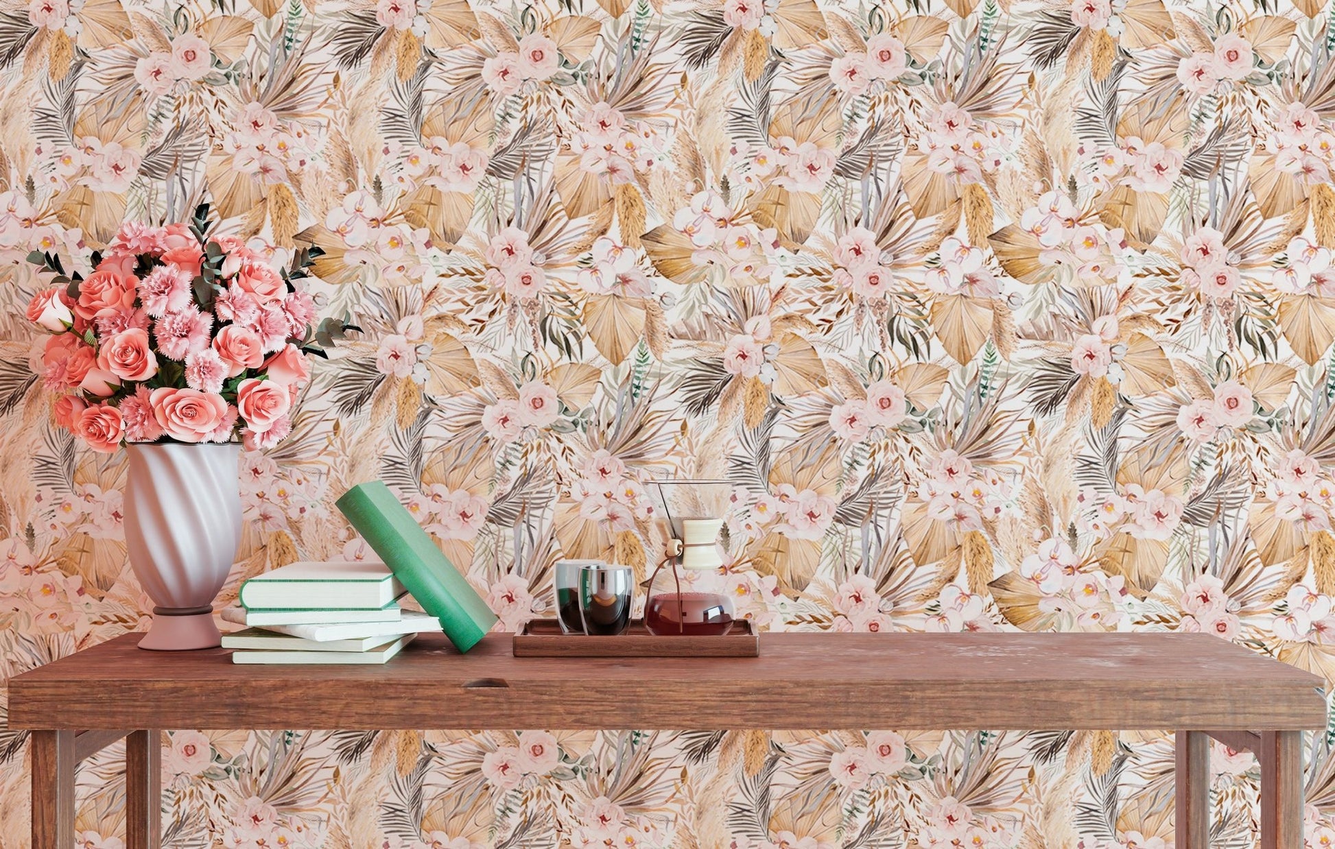Watercolor Dried Leaves and Tropical Flowers Bohemian Wallpaper behind dark wood bench