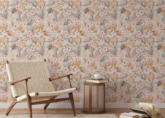 Watercolor Dried Leaves and Tropical Flowers Bohemian Wallpaper in reading room with woven chair