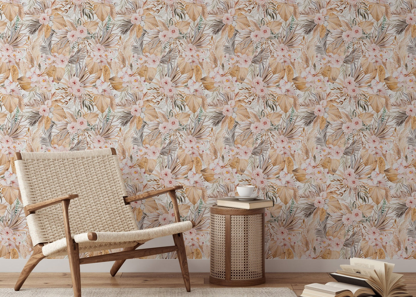 Watercolor Dried Leaves and Tropical Flowers Bohemian Wallpaper in reading room with woven chair