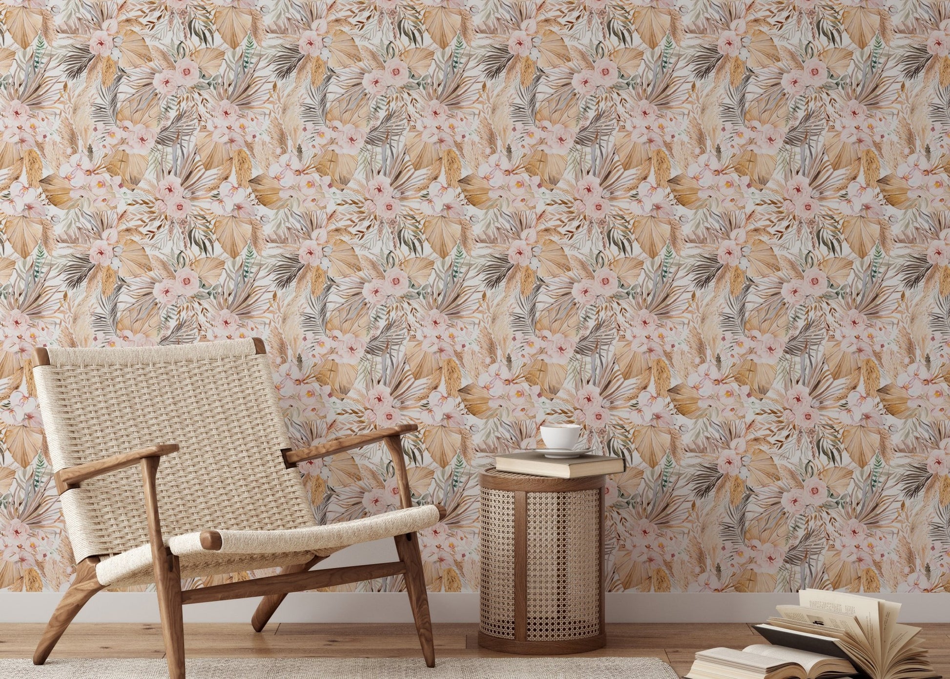 Watercolor Dried Leaves and Tropical Flowers Bohemian Wallpaper in reading room with woven chair