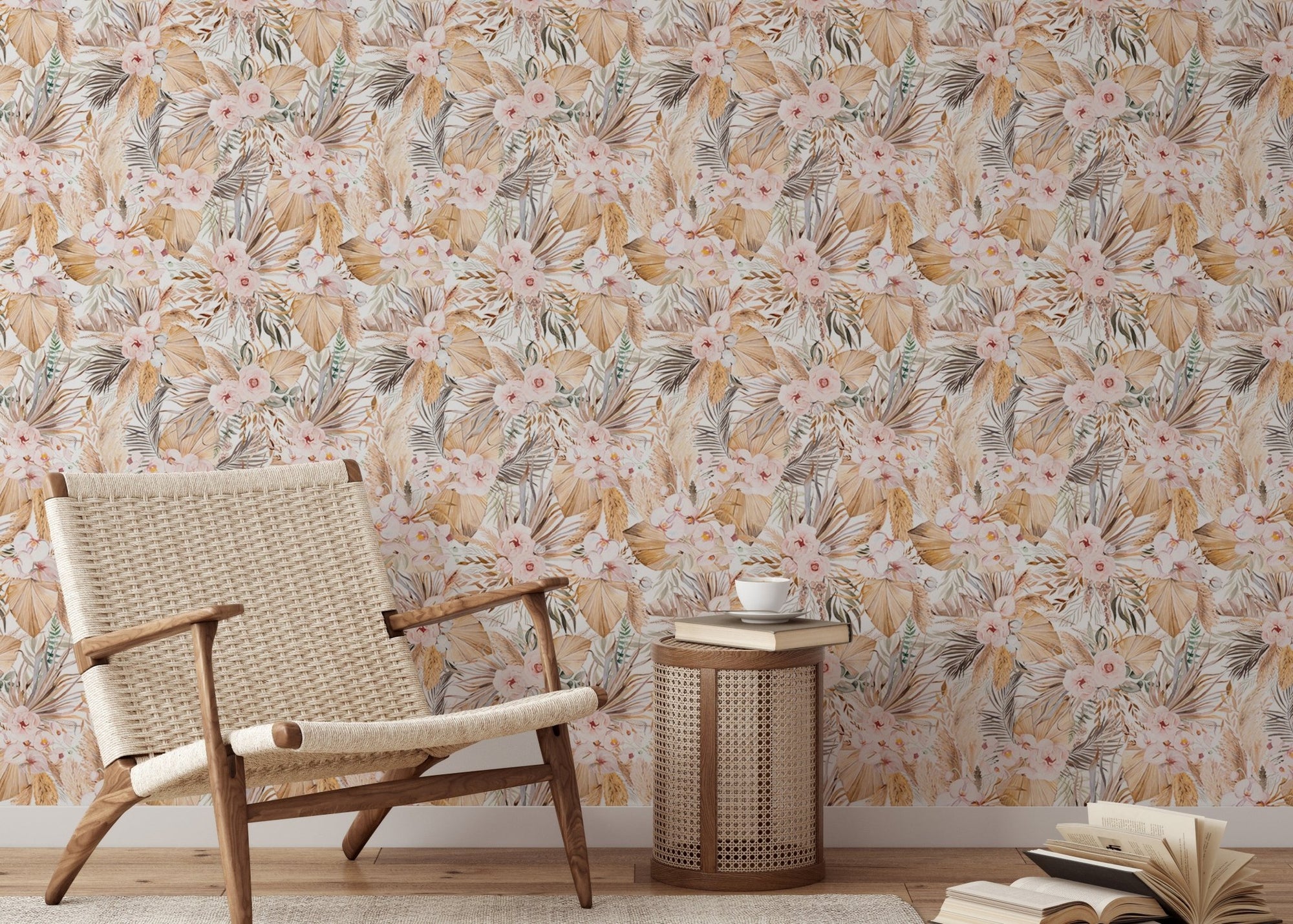 Watercolor Dried Leaves and Tropical Flowers Bohemian Wallpaper in reading room with woven chair