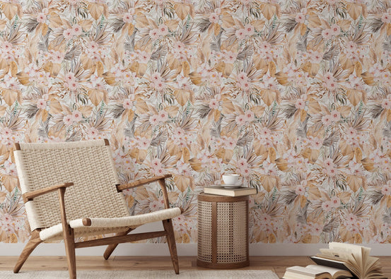 Watercolor Dried Leaves and Tropical Flowers Bohemian Wallpaper in reading room with woven chair