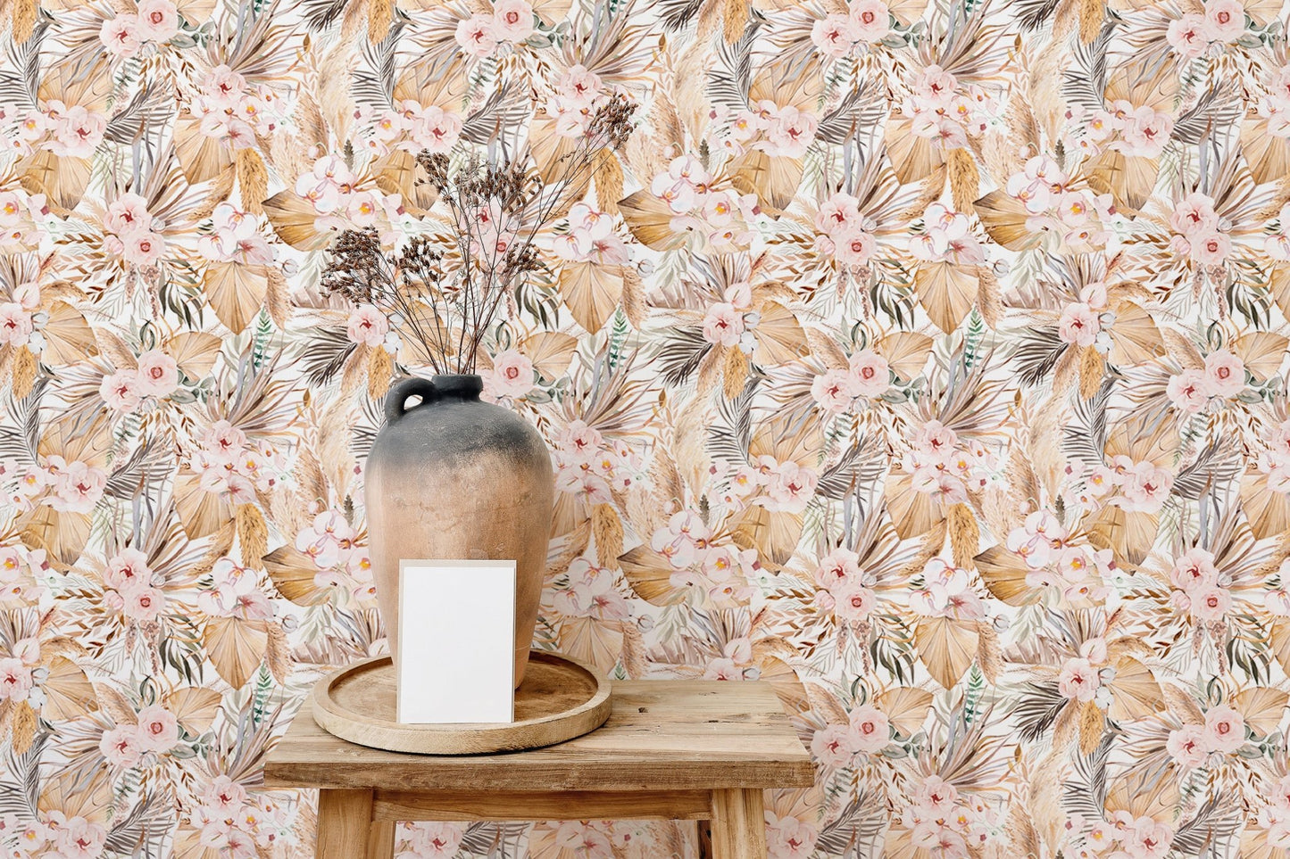 Bohemian floral wallpaper backdrop for wooden side table with ceramic vase