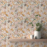 Tropical flower wallpaper with wooden shelf and potted green plant