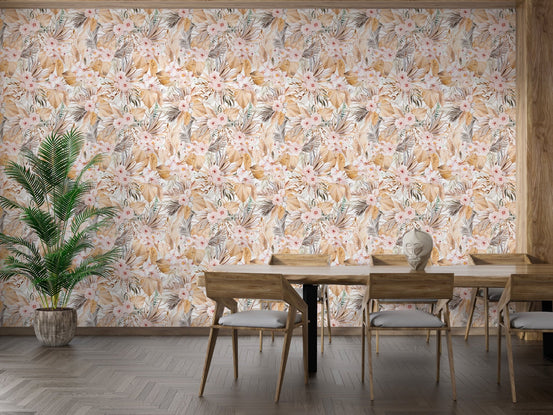 Watercolor Dried Leaves and Tropical Flowers Bohemian Wallpaper in modern dining area