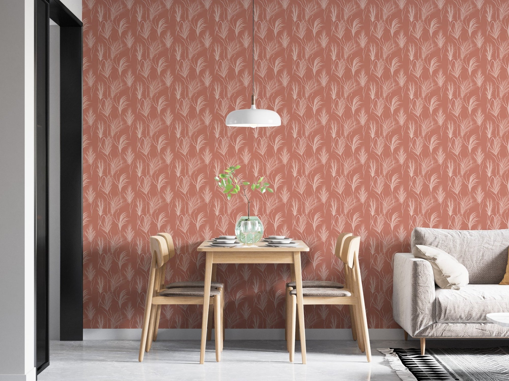 Dining space featuring terracotta Watercolor Dry Pampas Grass Autumn Pattern Boho Wallpaper.