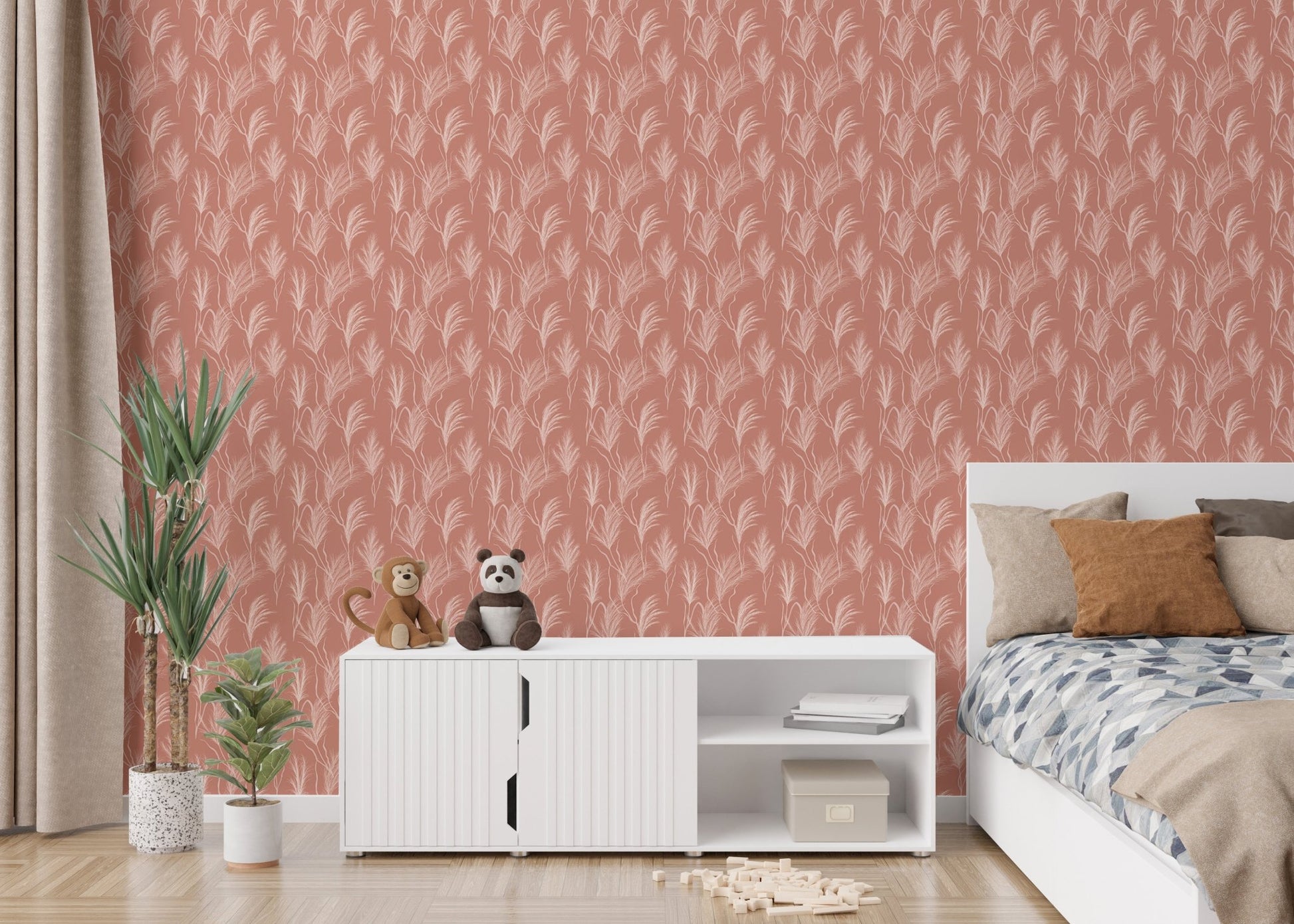 Bedroom corner with terracotta pampas grass wallpaper and white cabinet.
