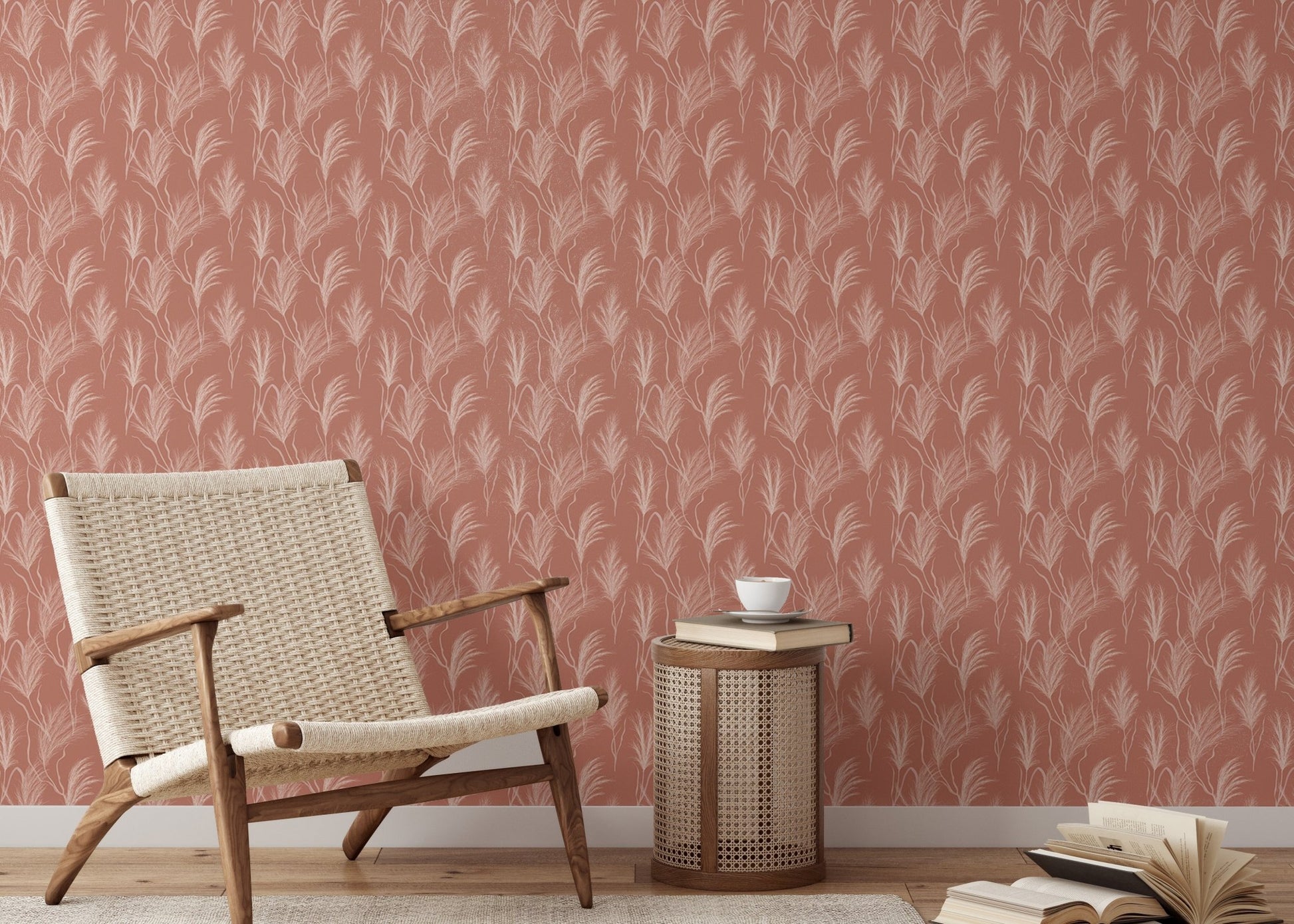 Reading nook featuring terracotta Watercolor Dry Pampas Grass Autumn Pattern Boho Wallpaper.