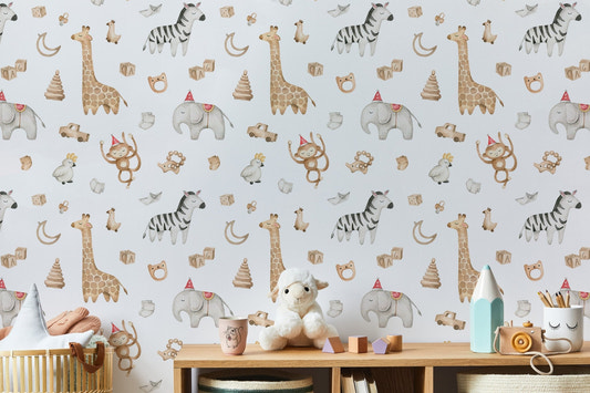 Safari animal wallpaper with watercolor elephant and giraffe behind a wooden shelf.