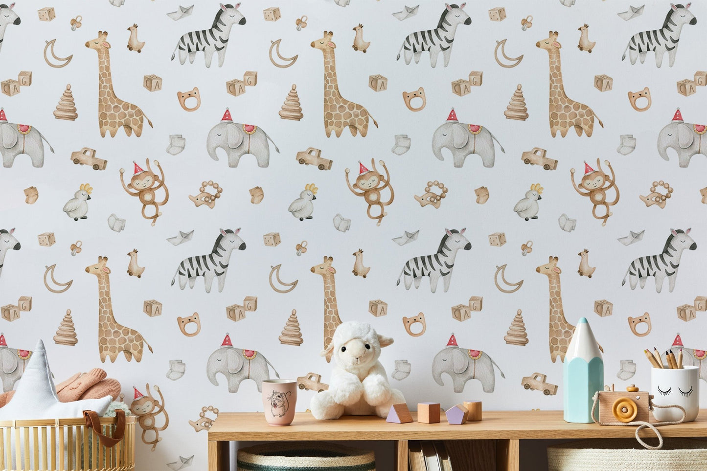 Safari animal wallpaper with watercolor elephant and giraffe behind a wooden shelf.