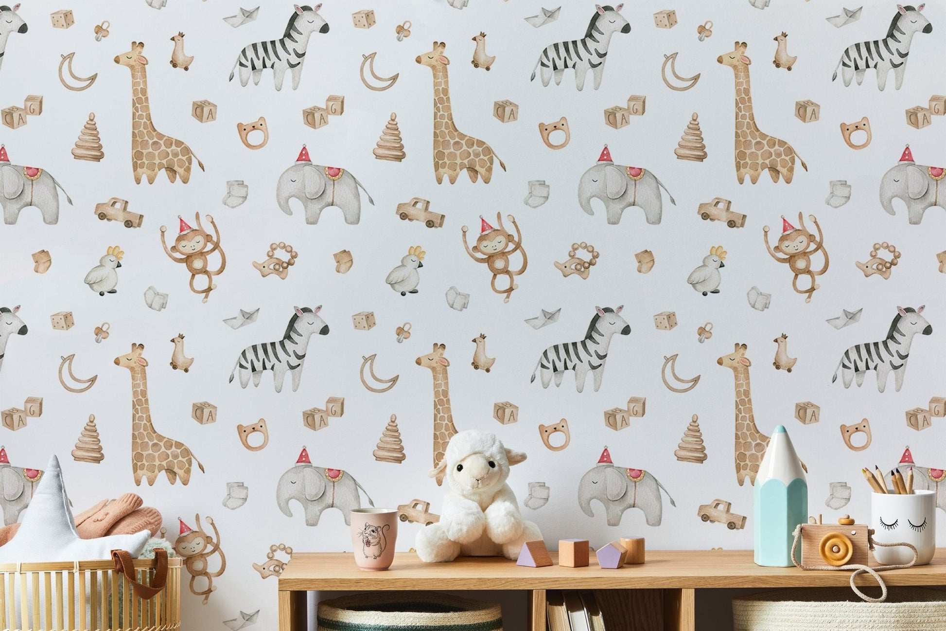 Safari animal wallpaper with watercolor elephant and giraffe behind a wooden shelf.