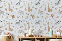 Safari animal wallpaper with watercolor elephant and giraffe behind a wooden shelf.