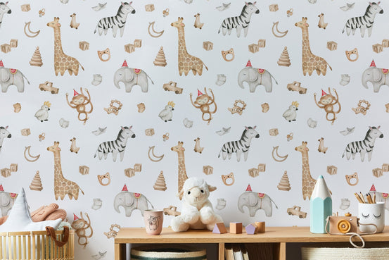Safari animal wallpaper with watercolor elephant and giraffe behind a wooden shelf.