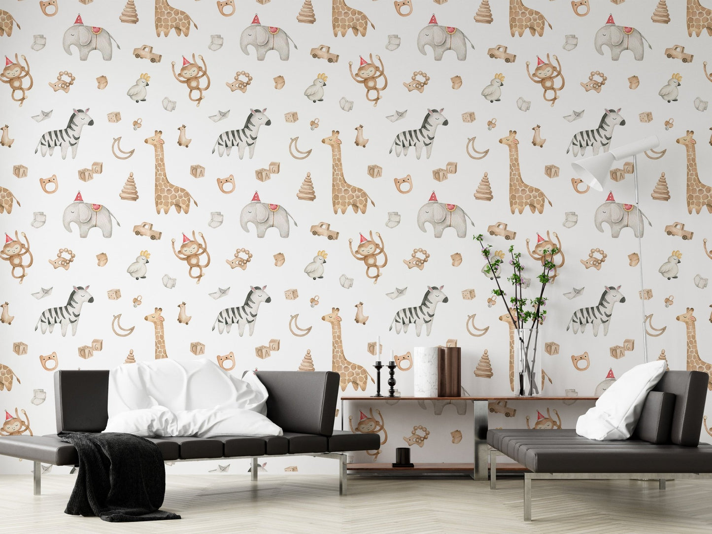 Large scale safari animal wallpaper in a living room with a black sofa.