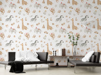 Large scale safari animal wallpaper in a living room with a black sofa.