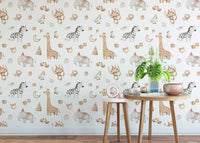 Safari animal wallpaper with monkeys and zebras in a small play area.