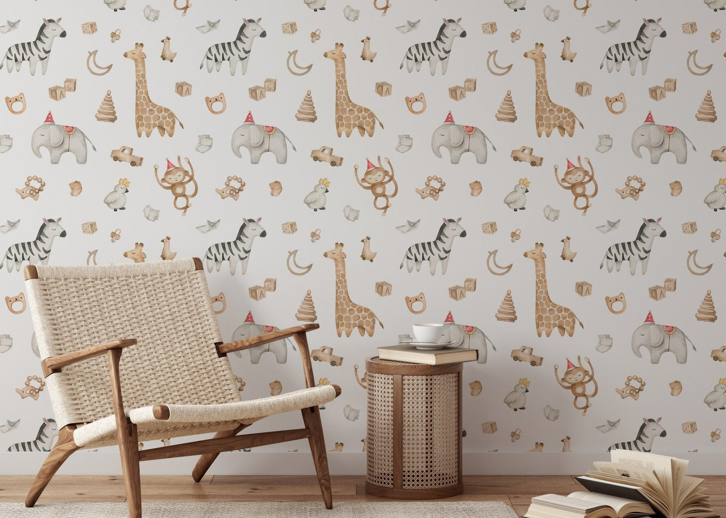 Neutral tone safari animal wallpaper in a bright reading with a woven chair.