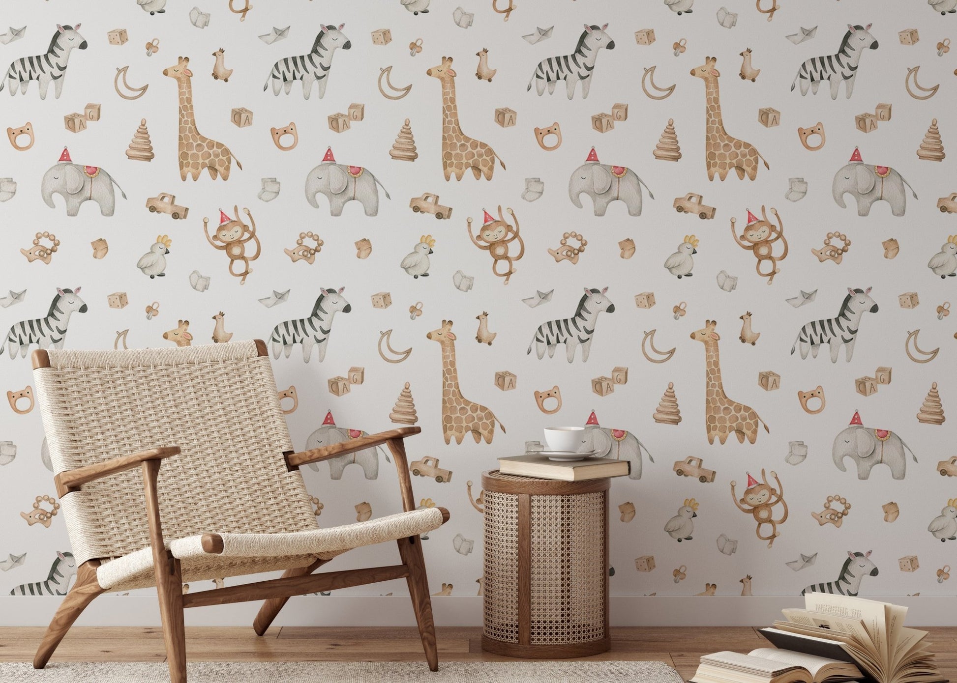 Neutral tone safari animal wallpaper in a bright reading with a woven chair.