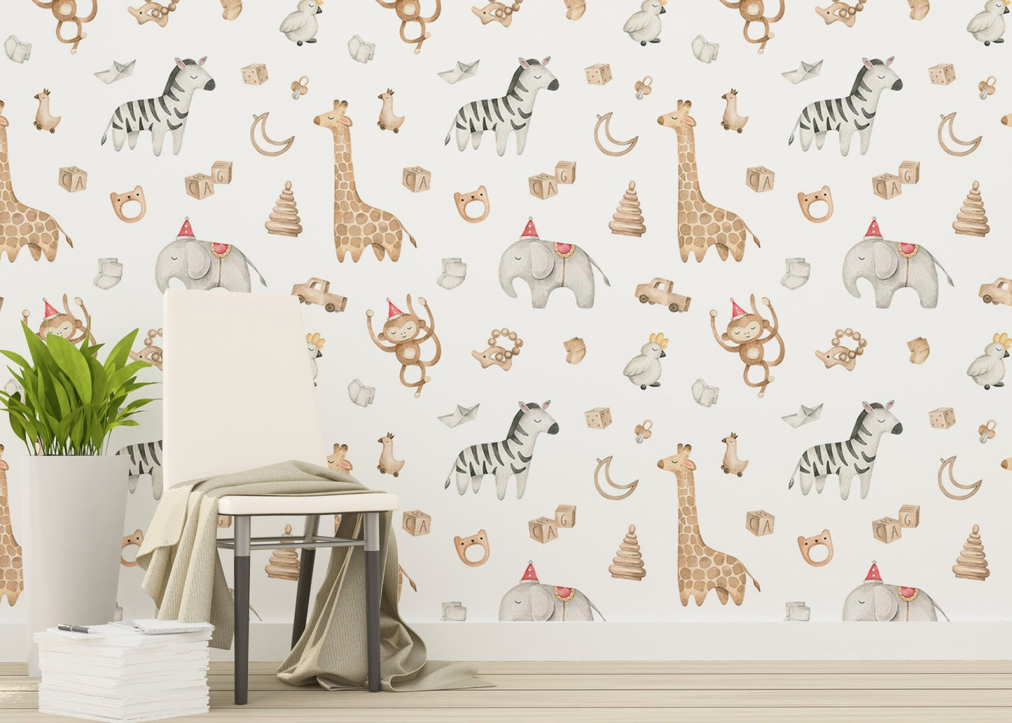 Watercolor animal wallpaper with safari vibes for kids room interiors