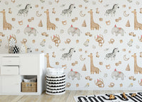 Safari animal wallpaper with zebra, giraffe, and elephant motifs in kids room.
