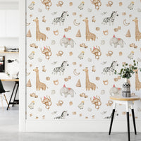 Watercolor safari animal wallpaper on a partition wall in a workspace.