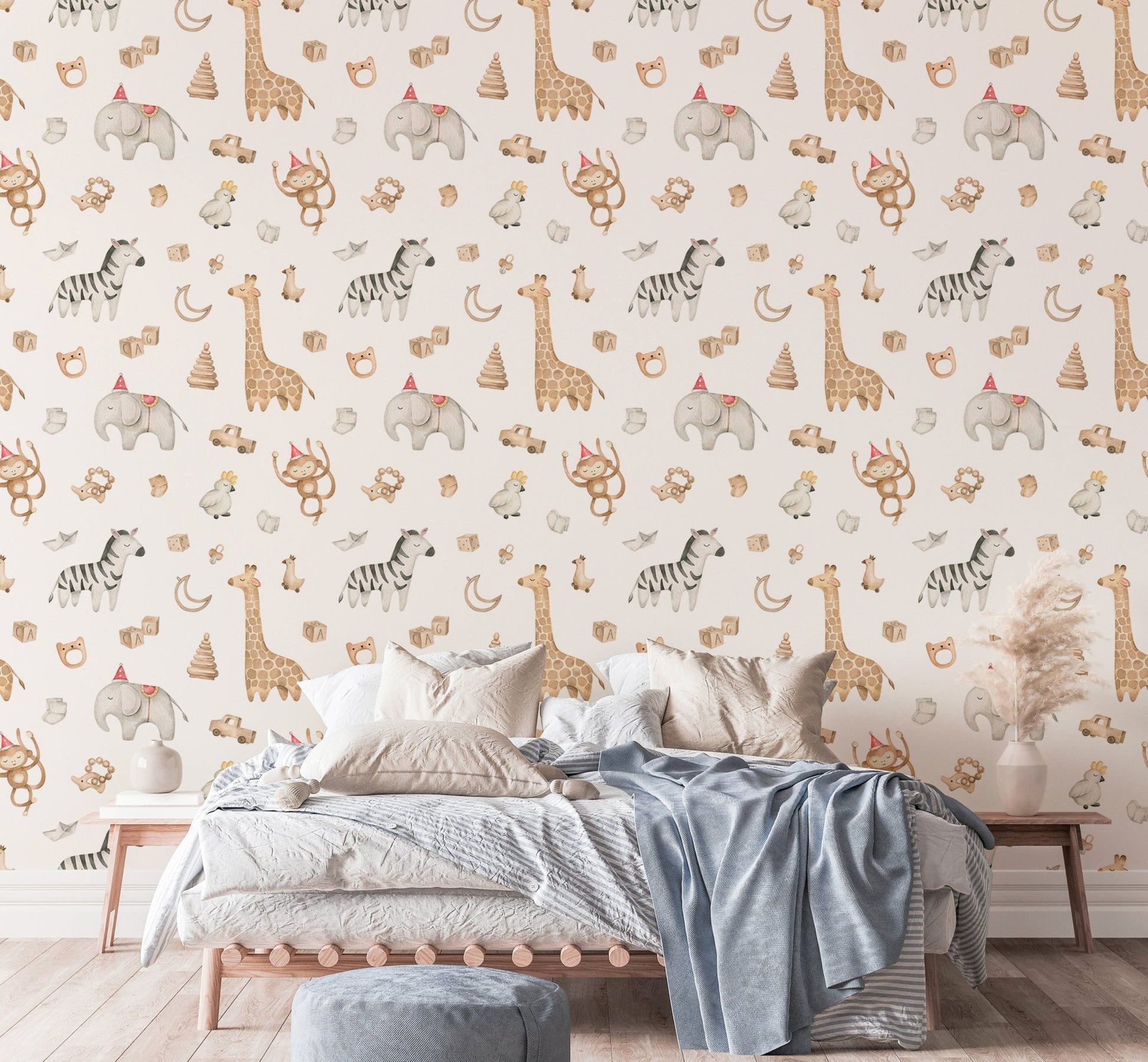 Watercolor Elephant Giraffe Zebra Monkey Safari Animal Wallpaper in a bedroom.