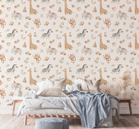 Watercolor Elephant Giraffe Zebra Monkey Safari Animal Wallpaper in a bedroom.