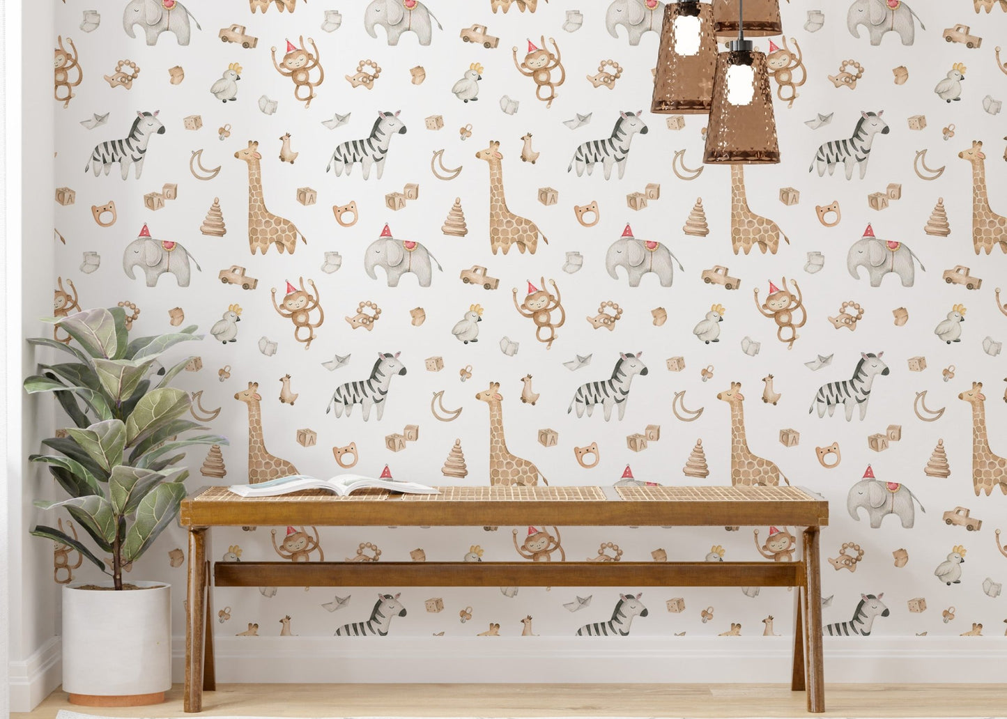 Animal pattern wallpaper with giraffes and elephants in a minimalist hallway.