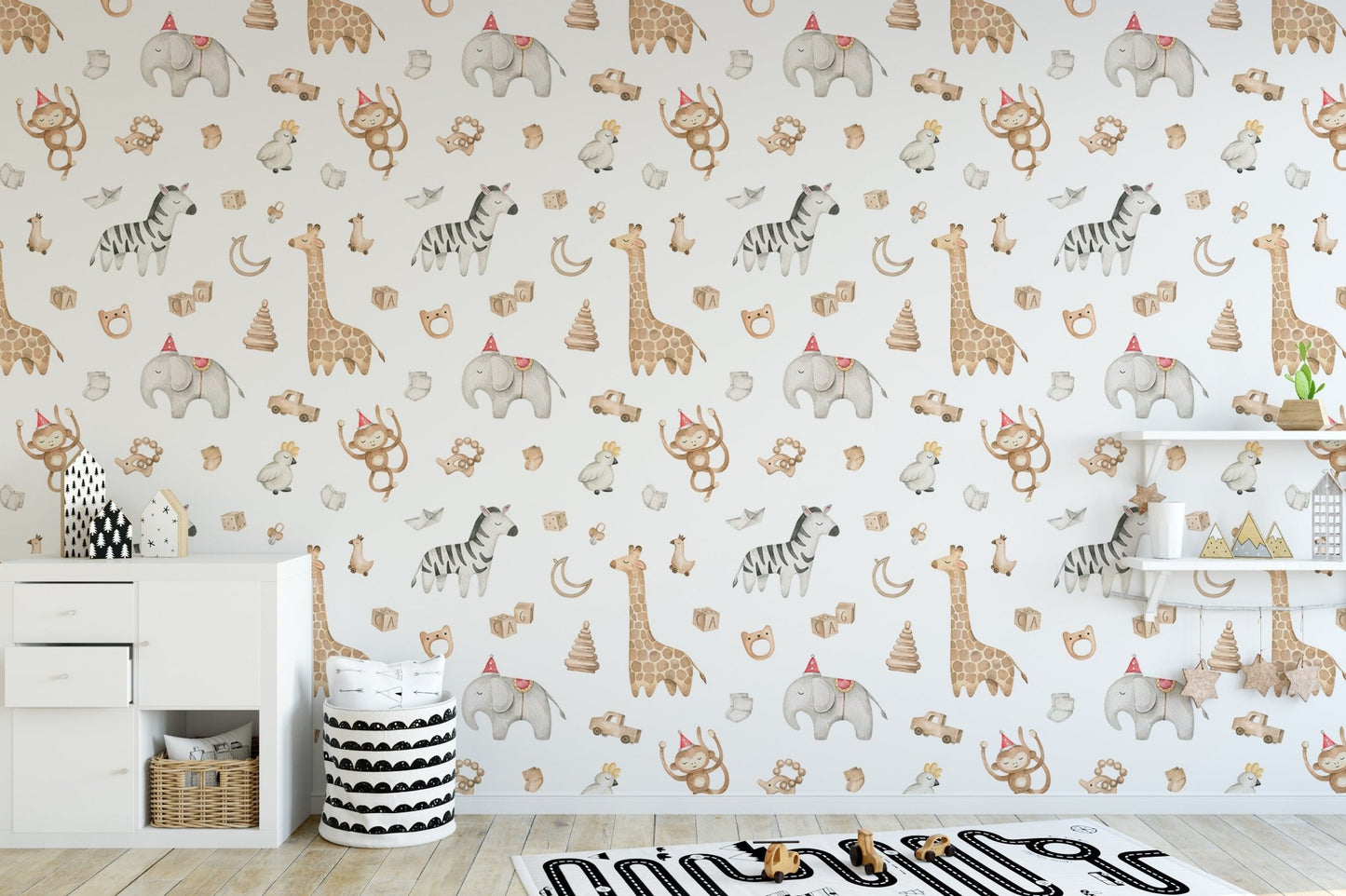 Tropical wallpaper featuring watercolor safari animals and nature