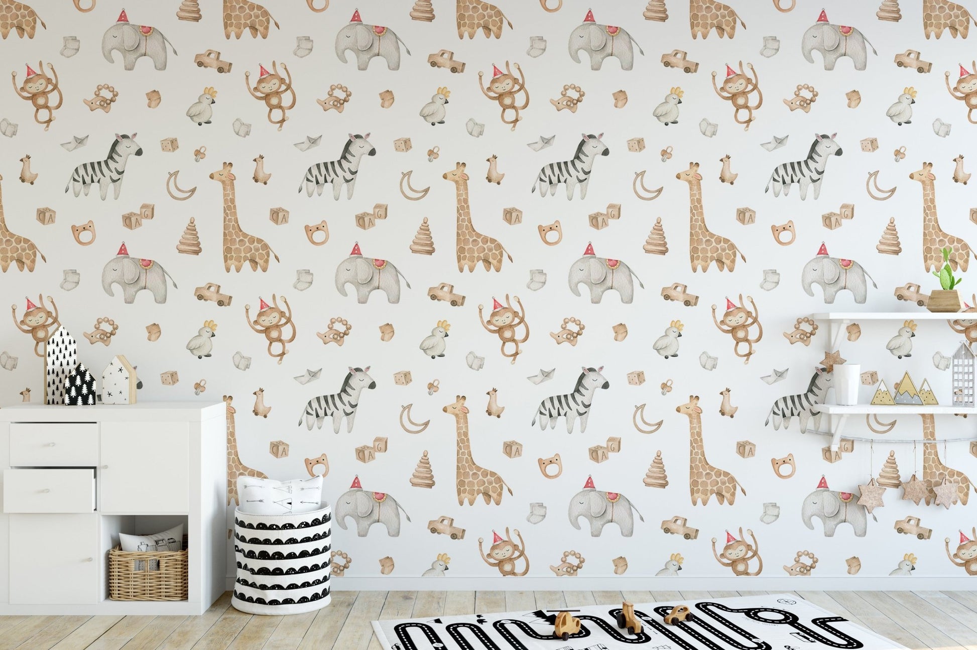 Tropical wallpaper featuring watercolor safari animals and nature