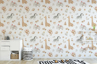 Tropical wallpaper featuring watercolor safari animals and nature