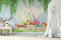 Whimsical farmyard wall mural with giraffes and windmills next to a white dreamcatcher.