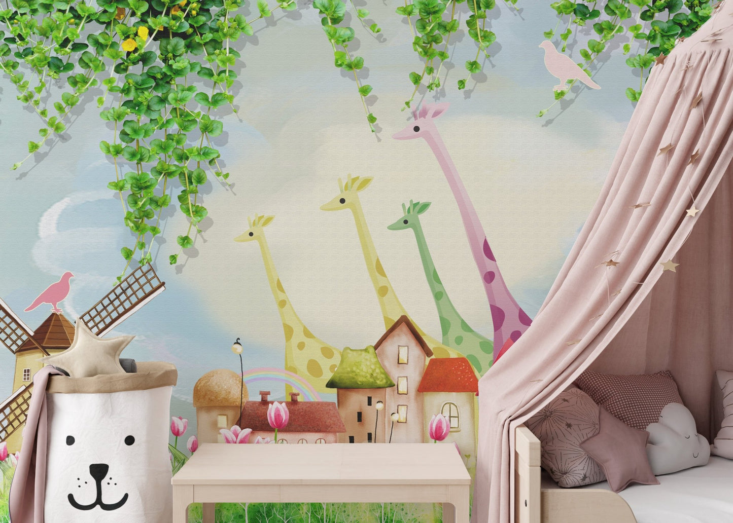  watercolor wall mural for kids bedroom with hanging vines and a pink fabric canopy tent.
