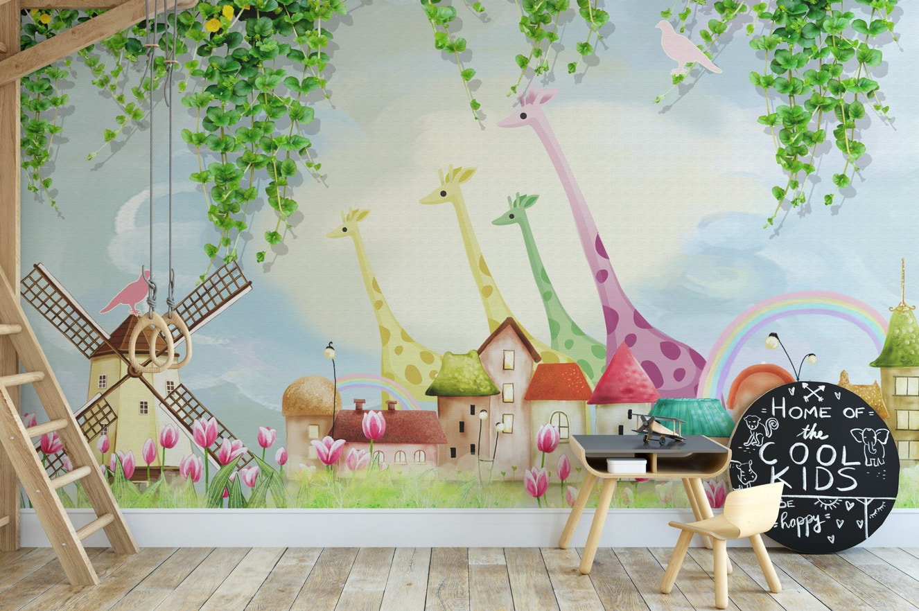 Watercolor Farmyard Funland Wall Mural in kids playroom with wooden desk and chair.
