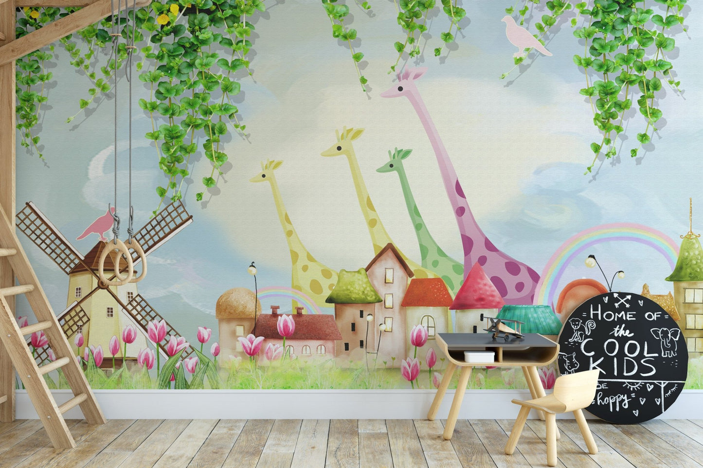 Watercolor Farmyard Funland Wall Mural in kids playroom with wooden desk and chair.