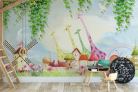 Watercolor Farmyard Funland Wall Mural in kids playroom with wooden desk and chair.