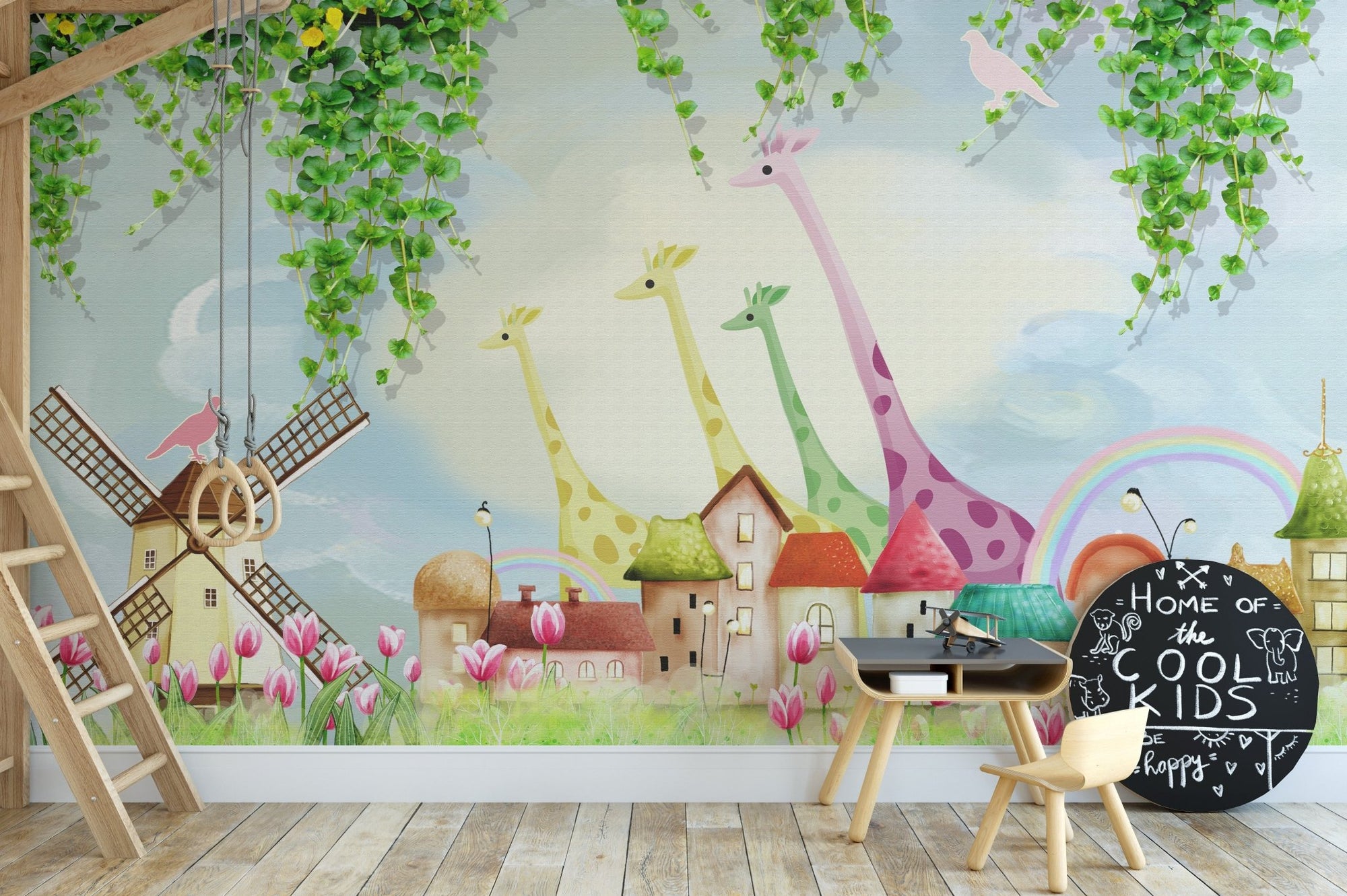 Watercolor Farmyard Funland Wall Mural in kids playroom with wooden desk and chair.